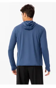 Back view of men's blue hooded sun protection jacket made of breathable fabric
