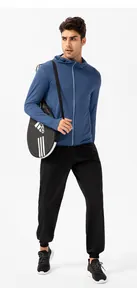 Close-up detail of men's breathable UPF50+ sun protection hooded jacket in blue