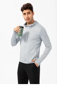 Detailed view of grey men's sun protection hoodie with UPF 50+ rating and breathable fabric