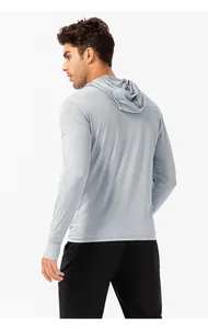 Back view of men's lightweight gray sun protection hoodie with UPF50+ rating