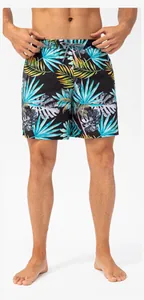 Men's quick-dry beach shorts with vibrant tropical leaf print and drawstring waist