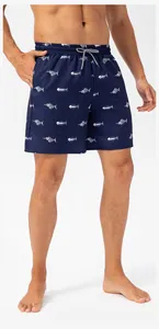 Detail view of men's navy blue quick-dry swim shorts with fishbone print