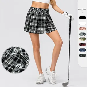 Women High Waist Grid Pleated Sports Skort With Inner Shorts Pocket Breathable Polyester Tennis Golf Running Athletic Mini Skirt Bottom