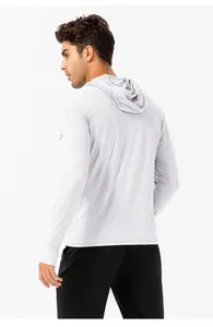 Detailed back view of men's lightweight breathable sun protection hoodie with UPF 50+ rating