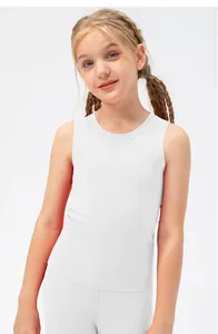 Front view detail of girls white compression athletic tank top for yoga and dance training