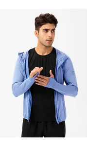 Detail view of men's blue long sleeve sun protection hoodie with UPF 50+ rating