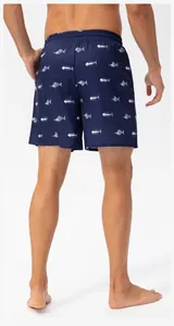 Back view of navy blue men's quick-dry beach shorts featuring white fish bone print.