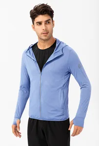 Professional detail of men's breathable UPF 50+ sun protection hoodie for outdoor sports