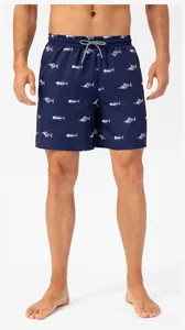 Close-up of navy blue quick-dry beach shorts featuring a unique white fish bone pattern.
