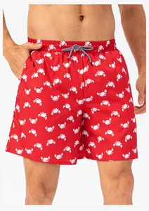 Red quick-dry swim trunks for men featuring white crab patterns and drawstring waist