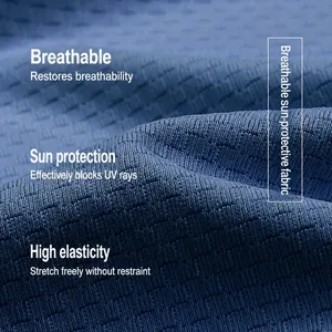 Detail of breathable blue stretch fabric for men's outdoor UV protection jacket