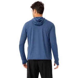 Men's high-quality blue long-sleeved UV protection sun shirt with hood, back view