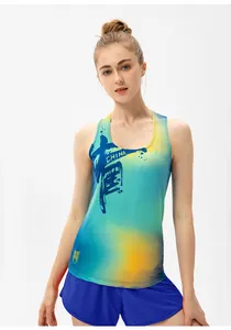 Damen Sport-Tanktop schnelltrocknend mit blau-gelbem Verlauf und Kalligraphie-Print