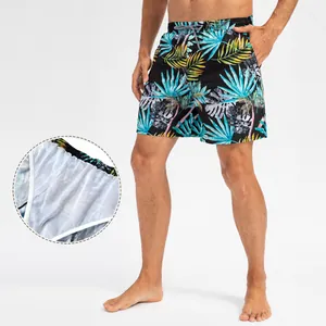 Men Quick Dry Beach Shorts Palm Leaf Banana Printed Swim Trunks Mesh Lining Board Shorts For Surfing Vacation Summer Bottom