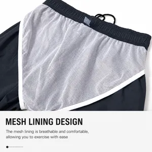 Men's athletic shorts detail showing the breathable inner mesh lining and elastic waist.