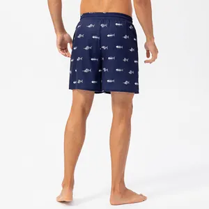 Back view of men's navy blue quick-dry beach shorts with white fishbone pattern