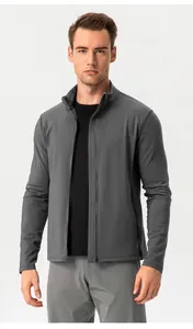 Detailed shot of a men's gray slim-fit fleece-lined athletic jacket with a front zipper.