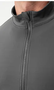 Close-up detail of the collar and zipper on a men's gray thermal slim-fit sports jacket