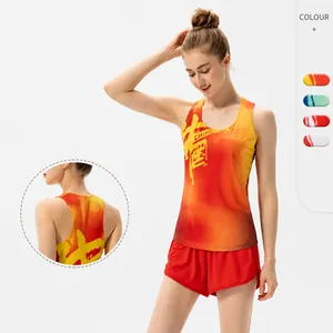 Damen Marathon Schnelltrocknend Racerback Tank Top Und Shorts Set CHINA Kalligraphie-Druck Sport Laufen Fitness Training Bekleidung