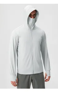 Light grey hooded sun protection jacket with integrated face mask for outdoor sports