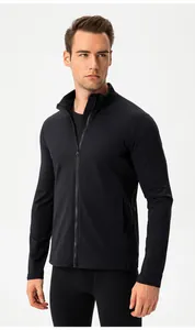 Close-up of men's slim fit black sports jacket with fleece lining and zipper detail
