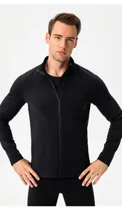 Men's slim-fit black thermal sports jacket featuring a full zipper and stand-up collar