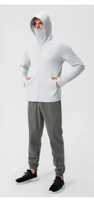 Front view of men's ice silk sun protection hoodie with integrated face mask in light gray