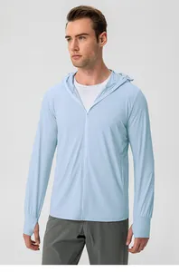 Close-up of man wearing light blue ice silk sun protection hoodie for outdoor sports