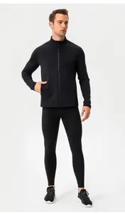 Full-body view of men's black slim-fit thermal sports jacket and training leggings set