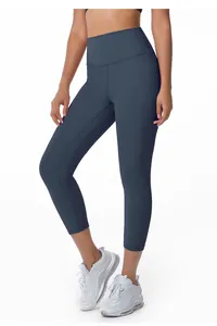 High-waisted navy blue yoga leggings with a tight fit for gym and fitness training