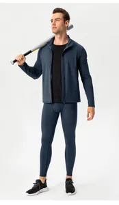 Full view of men's navy blue thermal compression pants and jacket set for gym training