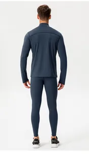 Full back view of men's navy blue thermal fleece athletic base layer set for running