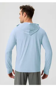 Back view of a light blue long-sleeved ice silk sun protection hoodie for outdoor sports.