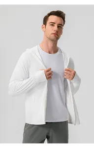 Male model wearing white ice silk sun protection hoodie for outdoor sports and hiking.