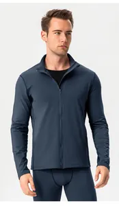 Slim-fit men's navy blue thermal zip-up athletic jacket for running and outdoor fitness training