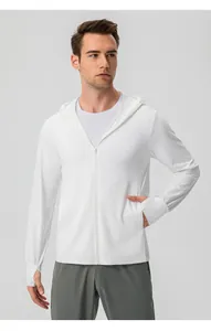 Male model wearing a white hooded sun protection jacket for outdoor cycling and hiking