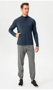 Detail view showing the slim fit and zipper design of the men's navy blue sports jacket