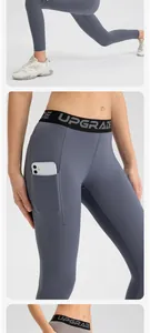 Detail of grey high-stretch yoga leggings showing side phone pocket and waistband