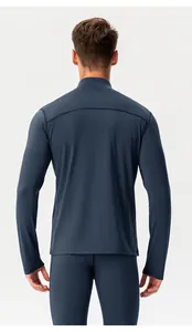 Detailed back view of a men's thermal slim-fit athletic jacket in navy blue nylon fabric
