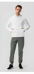 Full body view of white long sleeve hooded sun protection jacket for outdoor sports