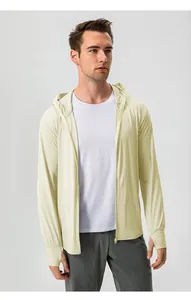 Detail view of the lightweight nylon ice silk sun protection hoodie on male model