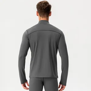 Men's gray thermal slim fit athletic long sleeve top for outdoor running and gym training