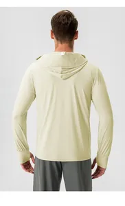 Back view of a lightweight pale yellow outdoor sun protection hoodie with long sleeves