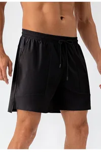Detailed view of men's black quick-dry sports shorts with adjustable drawstring waist