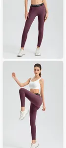 Women's high-waist purple yoga pants with UPGRADE letter print on the wide waistband