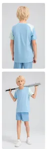 Full view of kids' blue breathable summer sports t-shirt and matching shorts set