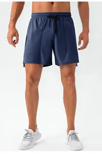 Detail view of men's quick-dry breathable sports shorts in navy blue with drawstring.