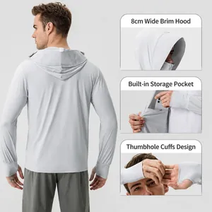 Lightweight mens grey hooded sun protection jacket with widened brim and thumbholes