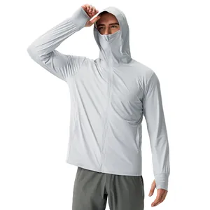 Light grey men's sun protection jacket with hood and face mask for outdoor sports.