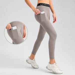Women High Waist Yoga Pants With Side Pockets Hip Lifting Breathable Quick Dry Running Fitness Leggings Upgrade Letter Waistband Bottom